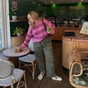 Abercrombie & Fitch Olive Green Cargo Pants with Pink Striped Sweater